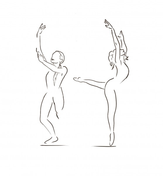Two drawing outlines of dancers side by side reaching toward the sky 