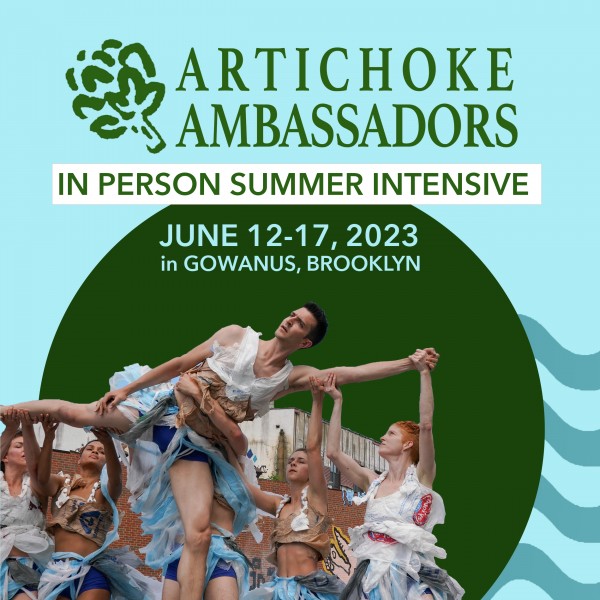 A blue graphic with a photo of Artichoke Dance Company performing. Text on the graphic details info about the intensive.
