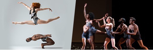 A Black dancer reaches high, while three other dancers support her limbs.