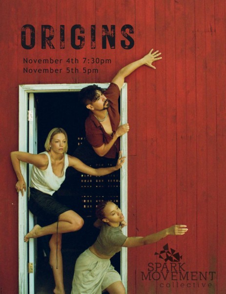 Three people emerge from a doorway of a red barn. They wear earthy and dark tones and reach outward with their limbs and eyes.