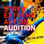 A graphic design featuring dancers straining to hold a fan of headstands. The words STREB EXTREME ACTION AUDITION are displayed