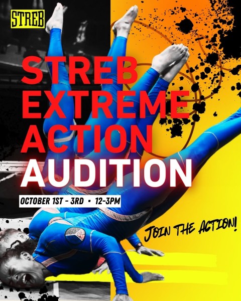 A graphic design featuring dancers straining to hold a fan of headstands. The words STREB EXTREME ACTION AUDITION are displayed