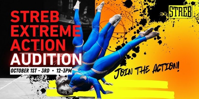 A graphic design featuring dancers straining to hold a fan of headstands. The words STREB EXTREME ACTION AUDITION are displayed