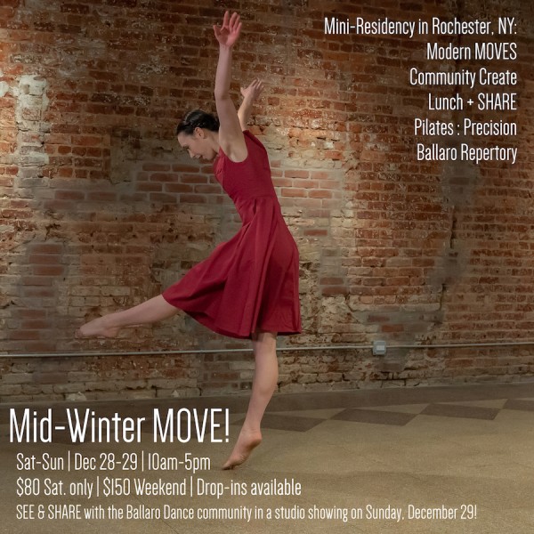 A dancer in a red dress is springing into the air with her arms overhead and her foot outstretched in front of her.