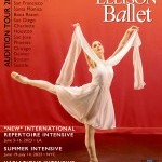 Promotional image for summer intensive auditions featuring teenage dancer in white dress on orange background