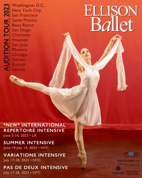 Promotional image for summer intensive auditions featuring teenage dancer in white dress on orange background