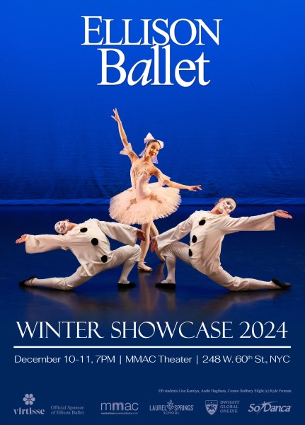 Promotional image for Winter Showcase with photo of professional students in Pas de Trois from Fairy Doll