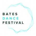 A white graphic with a blue circular web-like shape that frames blue and gray text that reads, "Bates Dance Festival".