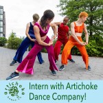 A photo of four dancers wearing monochrome costumes performing outdoors. Text reads, "Intern with Artichoke Dance Company!"