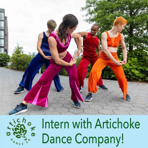 A photo of four dancers wearing monochrome costumes performing outdoors. Text reads, "Intern with Artichoke Dance Company!"