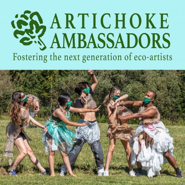 A group of people perform outside in a grassy area wearing costumes made of plastic bags. Above is the Artichoke Ambassador logo