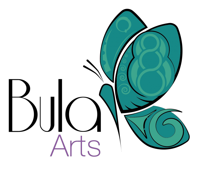 Logo for Bula Arts. The word Bula is in black, below the word Arts in purple. On the right, image of a butterfly with teal wings