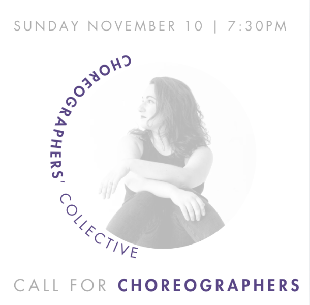 the words "Choreographers' Collective" Circling the left side of a photo of a dancer sitting on the floor.