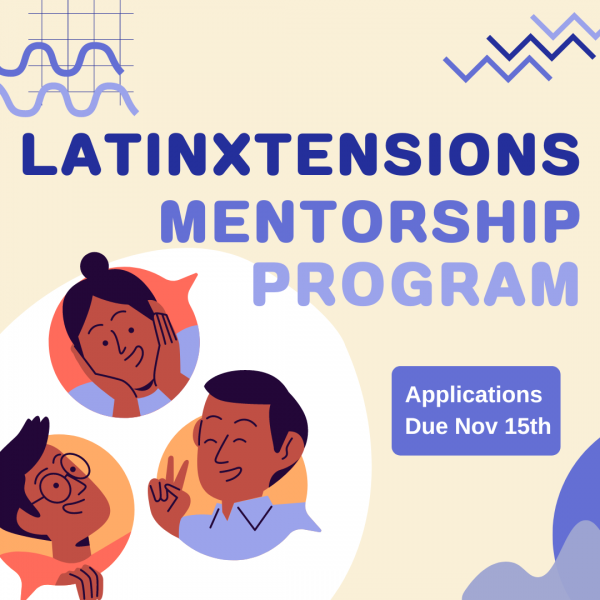 The image shows three characters in conversation below the title LatinXtensions Mentorship Program.