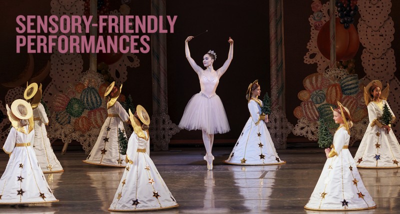 Principal Dancer Mira Nadon dances the Sugar Plum Fairy, wearing a light pink knee-length tutu amongst dancers dressed as Angels