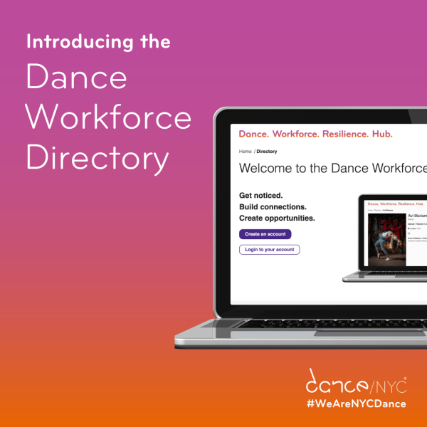 text that reads ‘Introducing the Dance Workforce Directory’ and a graphic of an open laptop with the screen on the homepage of t