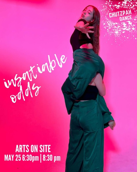 pink poster for Chutzpah Dance's "insatiable odds" with one dancer sitting on the shoulder of another dancer reaching. 