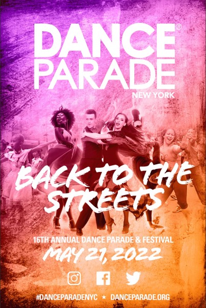 Vibrant orange and purple flier with images of dancers and text that reads 'Dance Parade, Back to the Streets, May 21, 2022"