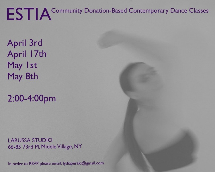 ESTIA Community Donation-Based Movement Classes information including the dates, address and RSVP also found in the main text.