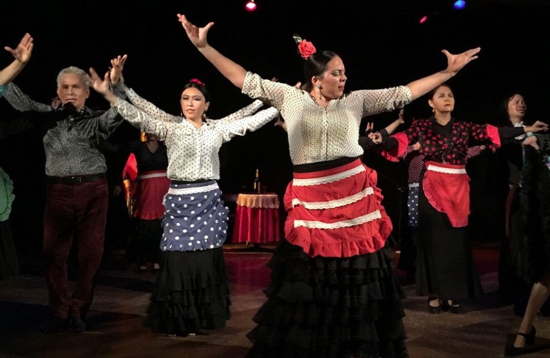 Flamenco dancers on stage with their arms raised in the air