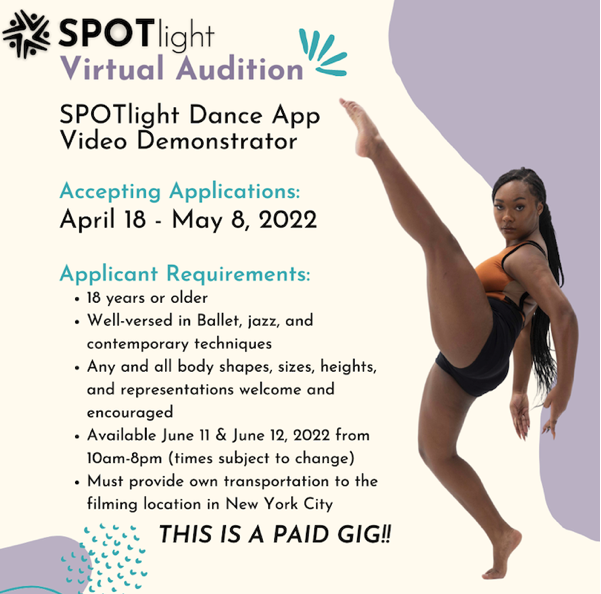 Black female dancer in orange leotard and black shorts next to text description of audition requirements