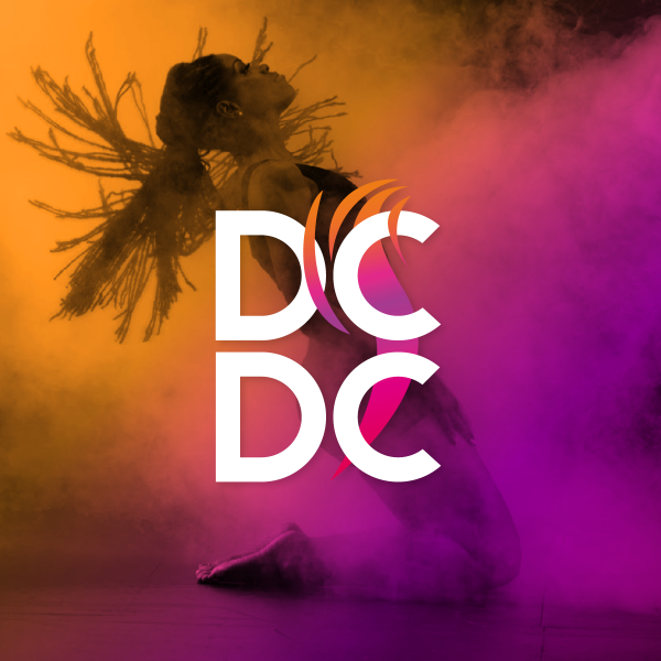 Dancer kneeling and leaning back with DCDC logo