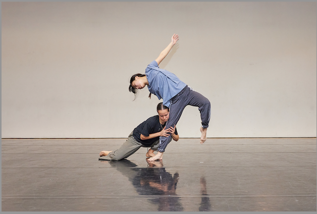 Two dancers against a gray background. One is low to the ground, leaning into the leg of the other.