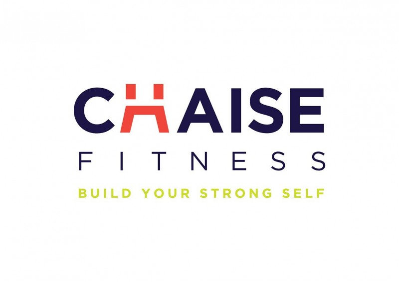 ChaiseFitness Studio logo in navy, orange, and green. Words, "build your strong self" on logo