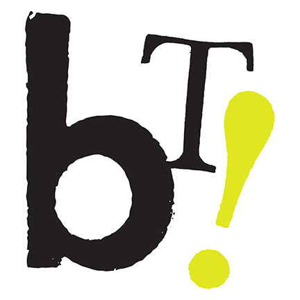 lowercase b and capital T in black with a yellow-green exclamation point