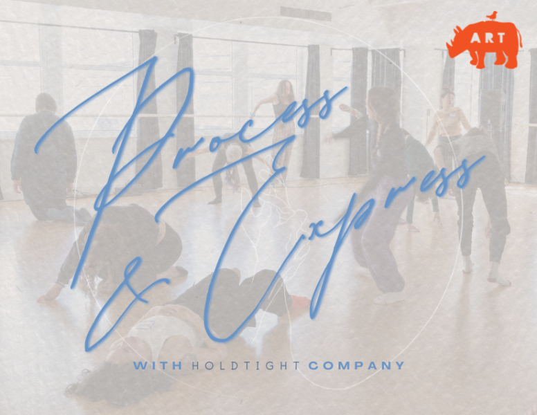 Blue script text reading "Process and Express" across a hazy white-washed imaged of dancers improvising in a studio.