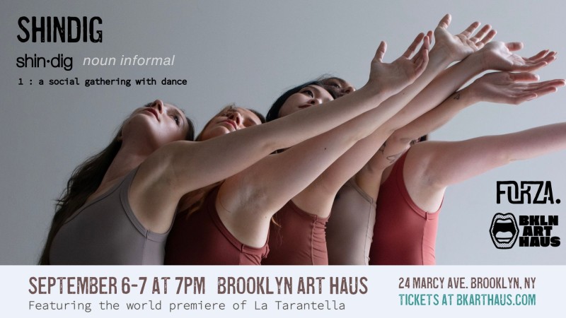 5 women dancers arms up leaning back on eachother with description of event details  in text