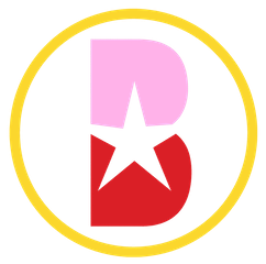 The Bushwick Starr's logo features a pink and red capital B with a small star in the middle of the letter inside a yellow circle