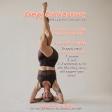Photo of KwK Director, Karley, in an eagle pose headstand with poster words describing content