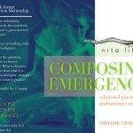 Flyer for composing emergence, teal image with green text 