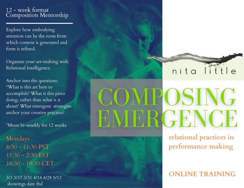 Flyer for composing emergence, teal image with green text 