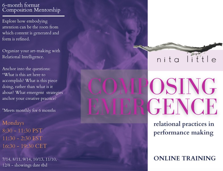 Flyer for composing emergence, purple image with pink text 