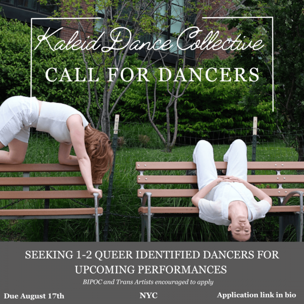 Two dancers dressed in white climb on benches under text that says Kaleid Dance Collective Call for Dancers