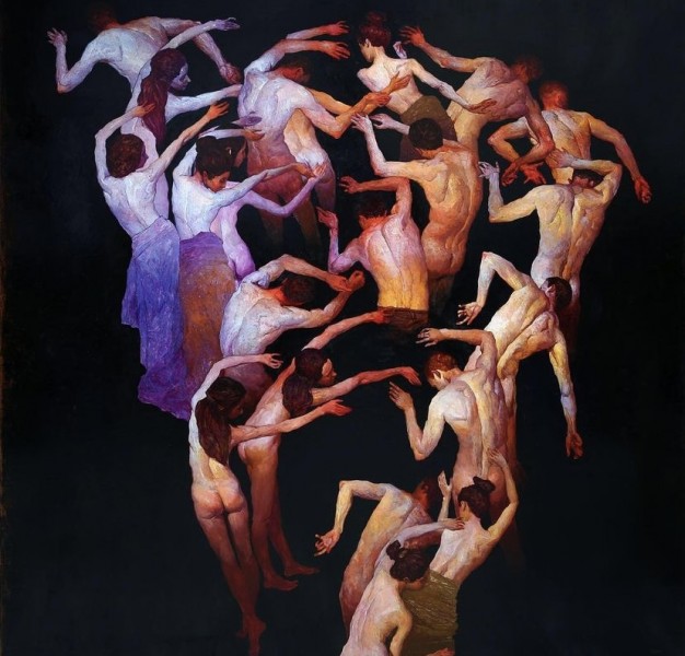 A tableau of bodies with shades of orange, white and blue coloring their bodies against a black backdrop.