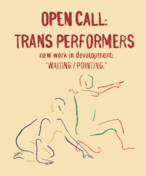 Open Call: Trans Performers. New Work in Development, “WAITING / POINTING.” Below are two line drawings of dancers pointing.
