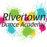 Rivertown Dance Academy written in black, in front of a background of paint splatters in bright green, yellow, pink, and blue