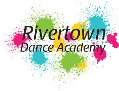 Rivertown Dance Academy written in black, in front of a background of paint splatters in bright green, yellow, pink, and blue