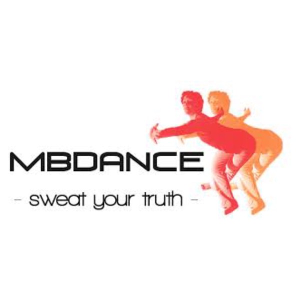 Black lettering reads MBDANCE - sweat your truth - Next to text, a double image colored in orange and red, a dancer in motion