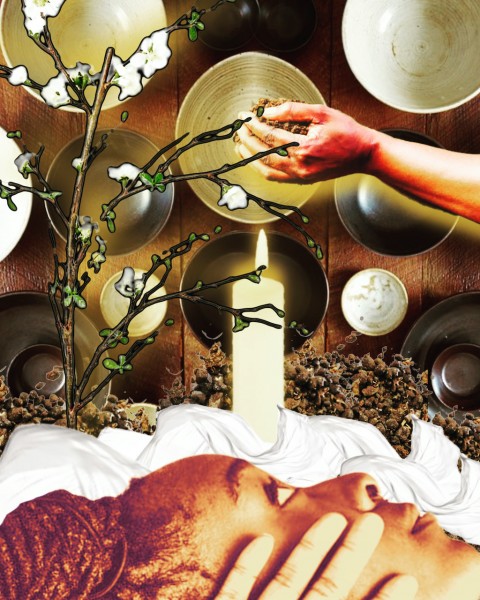 collage: a Black person in profile, empty bowls, flowering tree, lit white candle, black hands cradling dirt and white cloth