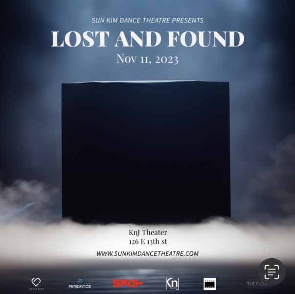 Black box on a stage with haze. Text says: Sun Kim Dance Theatre presents Lost and Found