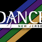 Dance New Jersey's logo in white is superimposed over a diagonal striped background in blue, purple, green, and gold