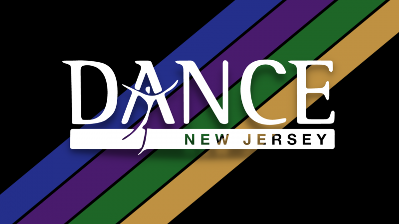 Dance New Jersey's logo in white is superimposed over a diagonal striped background in blue, purple, green, and gold
