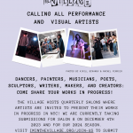 Text: Artist Call for The Village's Salons. Images: Artists presenting dance, poetry, and visual art. 