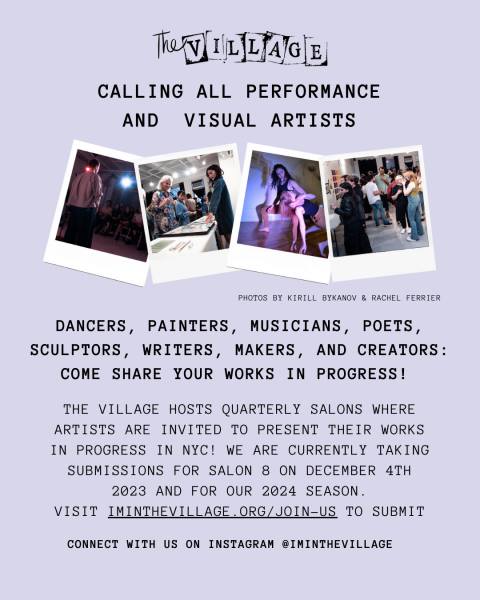 Text: Artist Call for The Village's Salons. Images: Artists presenting dance, poetry, and visual art. 