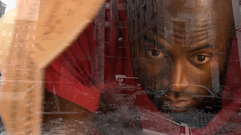 A man's face emerging from a cardboard box with the image of an abandoned lot superimposed. 