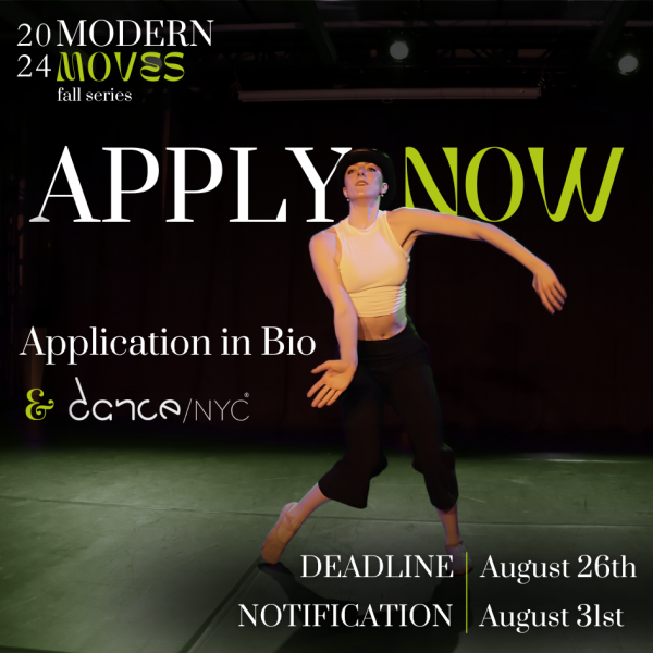 image of a dancer wearing a bowler hat leaning to the side with the words "Apply Now" in white and green behind her